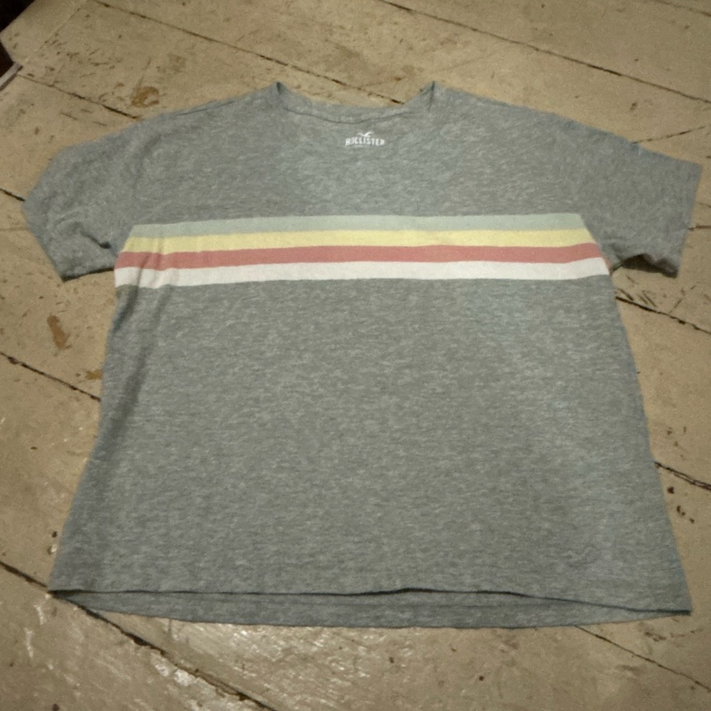 Hollister Gray Tee with Colorful Stripes